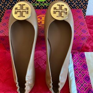 Tory Burch Minnie Travel Ballet Flat Shoes- s.6 Royal Tan/gold
